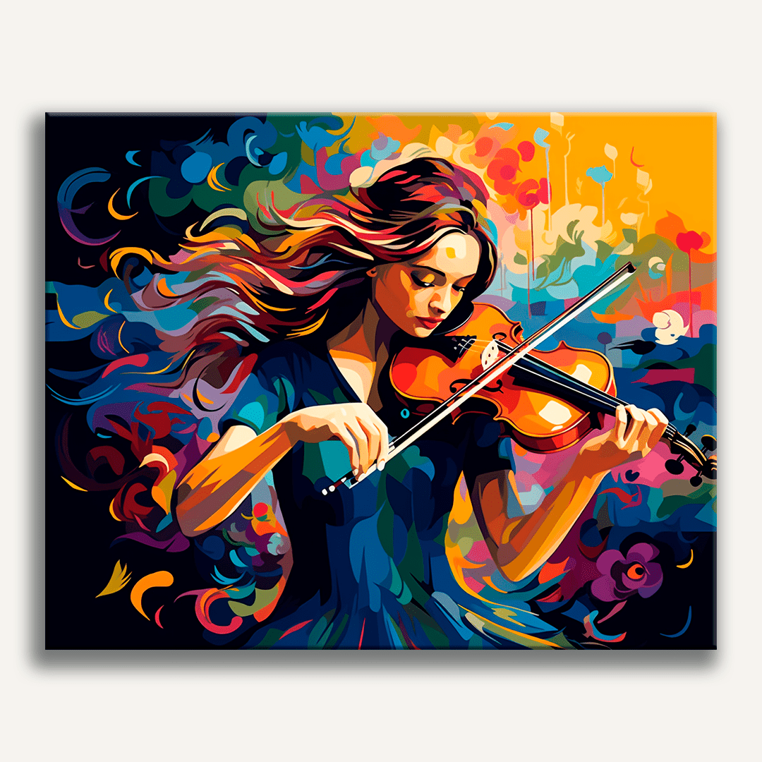 The image depicts a young woman playing a violin.