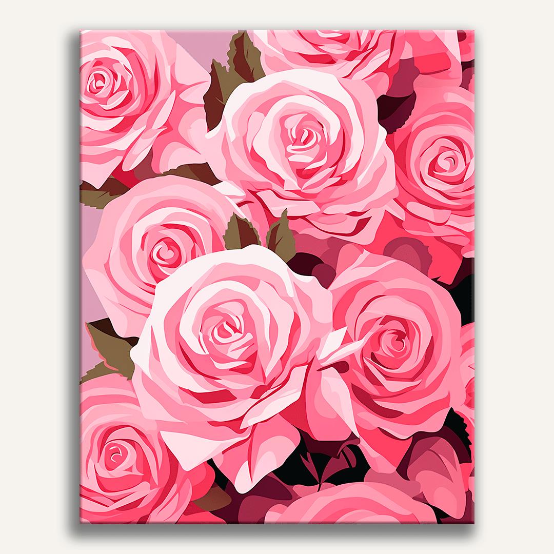 The image depicts a collection of pink roses in full bloom, arranged neatly into a bunch.