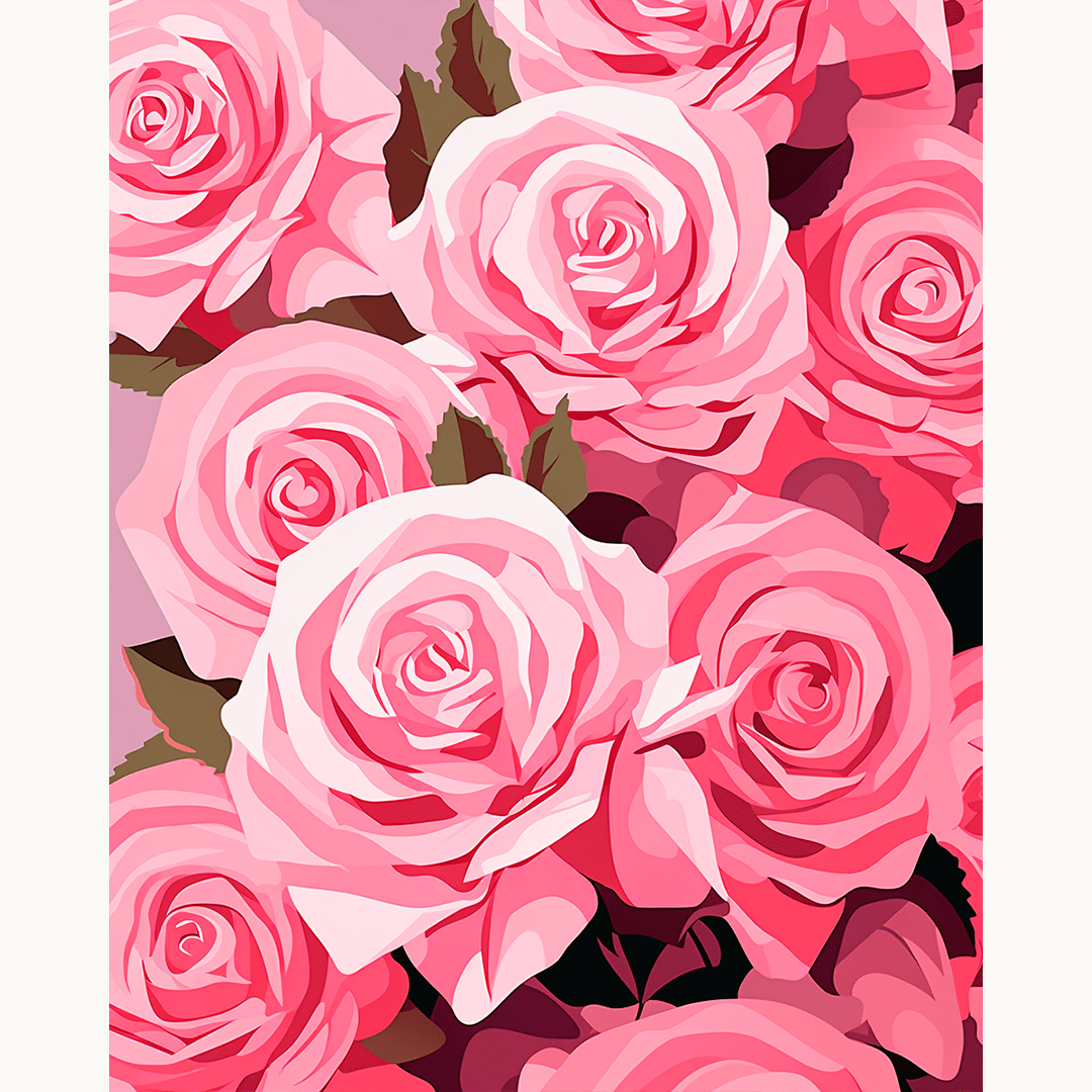 The image depicts a collection of pink roses in full bloom, arranged neatly into a bunch.