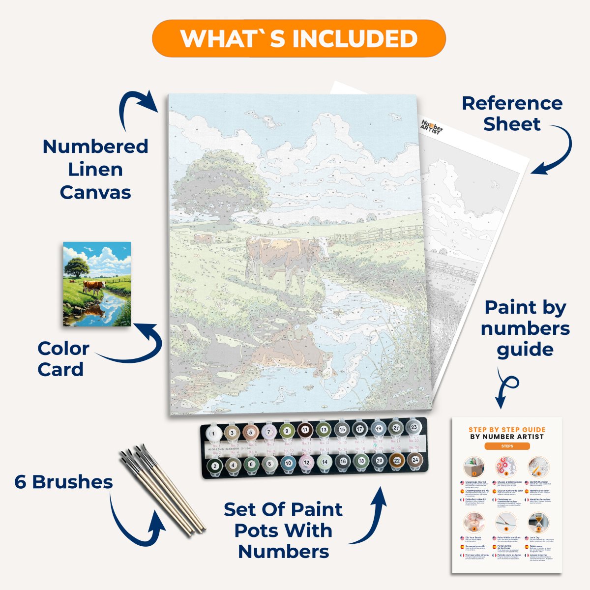 In the tranquil expanse of a verdant pasture, under the vastness of a clear blue sky dotted with fluffy white clouds, a brown and white cow stands by a stream..