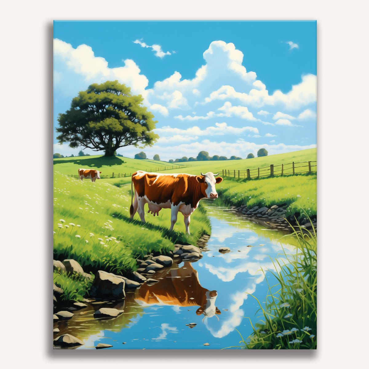In the tranquil expanse of a verdant pasture, under the vastness of a clear blue sky dotted with fluffy white clouds, a brown and white cow stands by a stream..