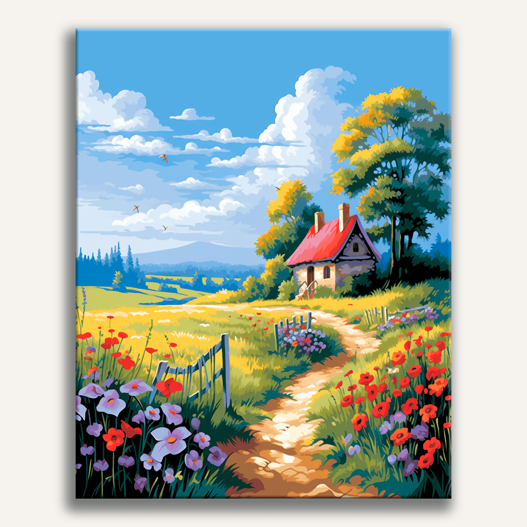 This is a colorful and lively illustration depicting a countryside scene.