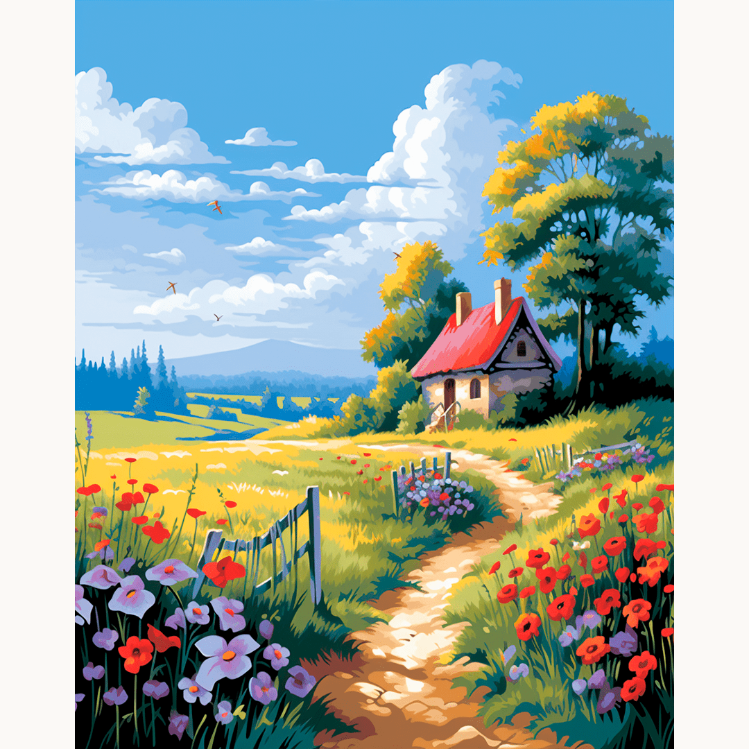 This is a colorful and lively illustration depicting a countryside scene.