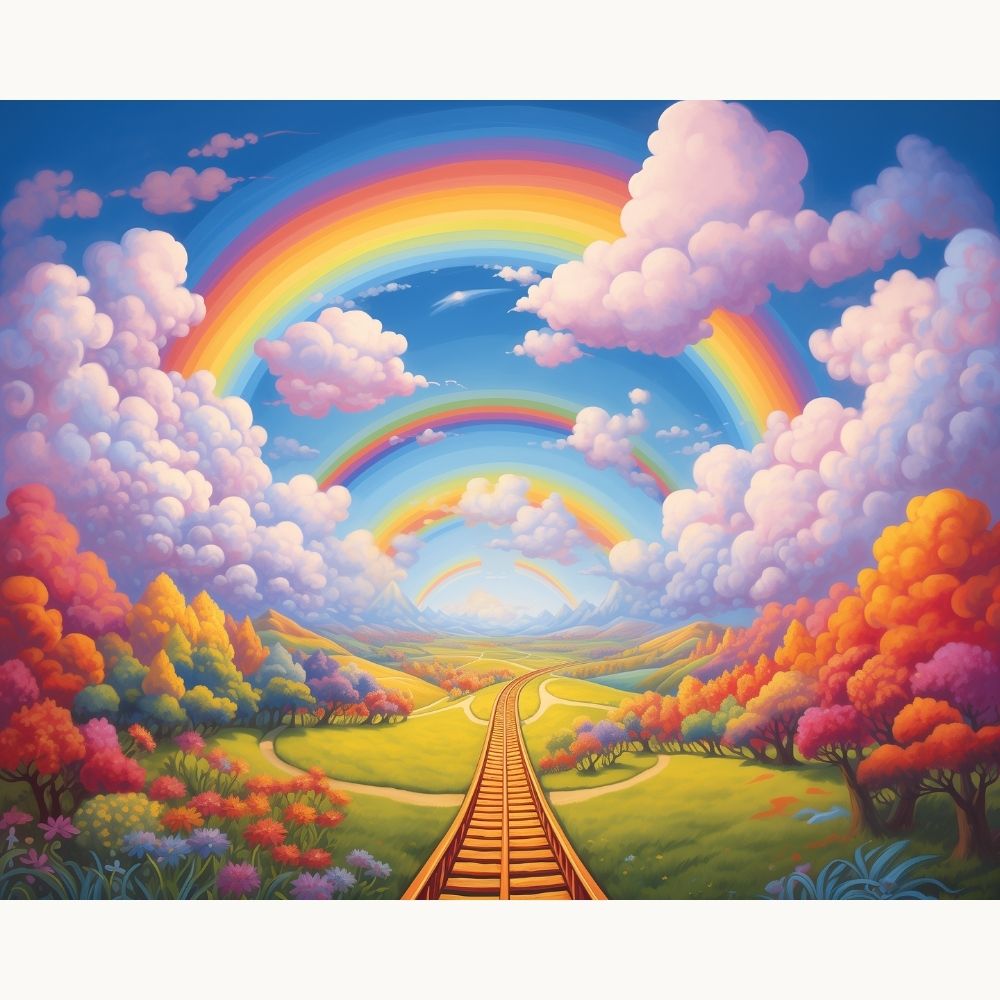 This image features a whimsical landscape dominated by a winding, yellow railroad track that cuts through a valley under a vibrant sky filled with rainbow-colored clouds and bright sun.
