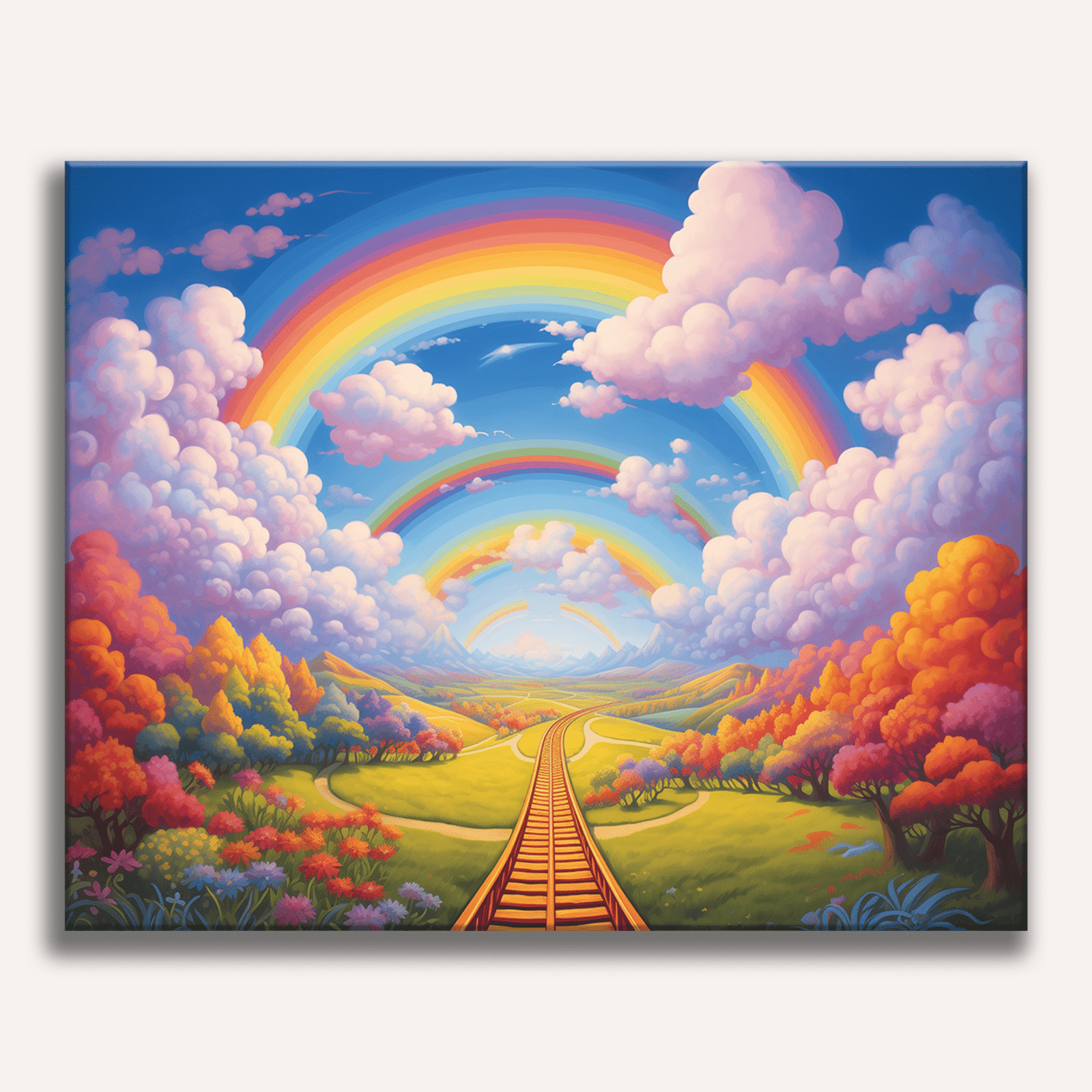 This image features a whimsical landscape dominated by a winding, yellow railroad track that cuts through a valley under a vibrant sky filled with rainbow-colored clouds and bright sun.