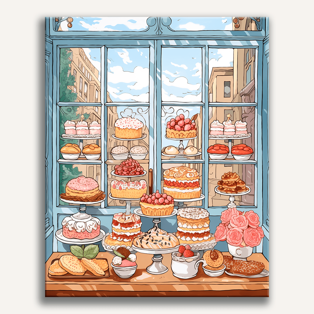 A window display showcasing an assortment of cakes and pastries, each with a unique design, displayed behind glass in a well-lit bakery setting, suggesting a variety of sweet treats for sale..
