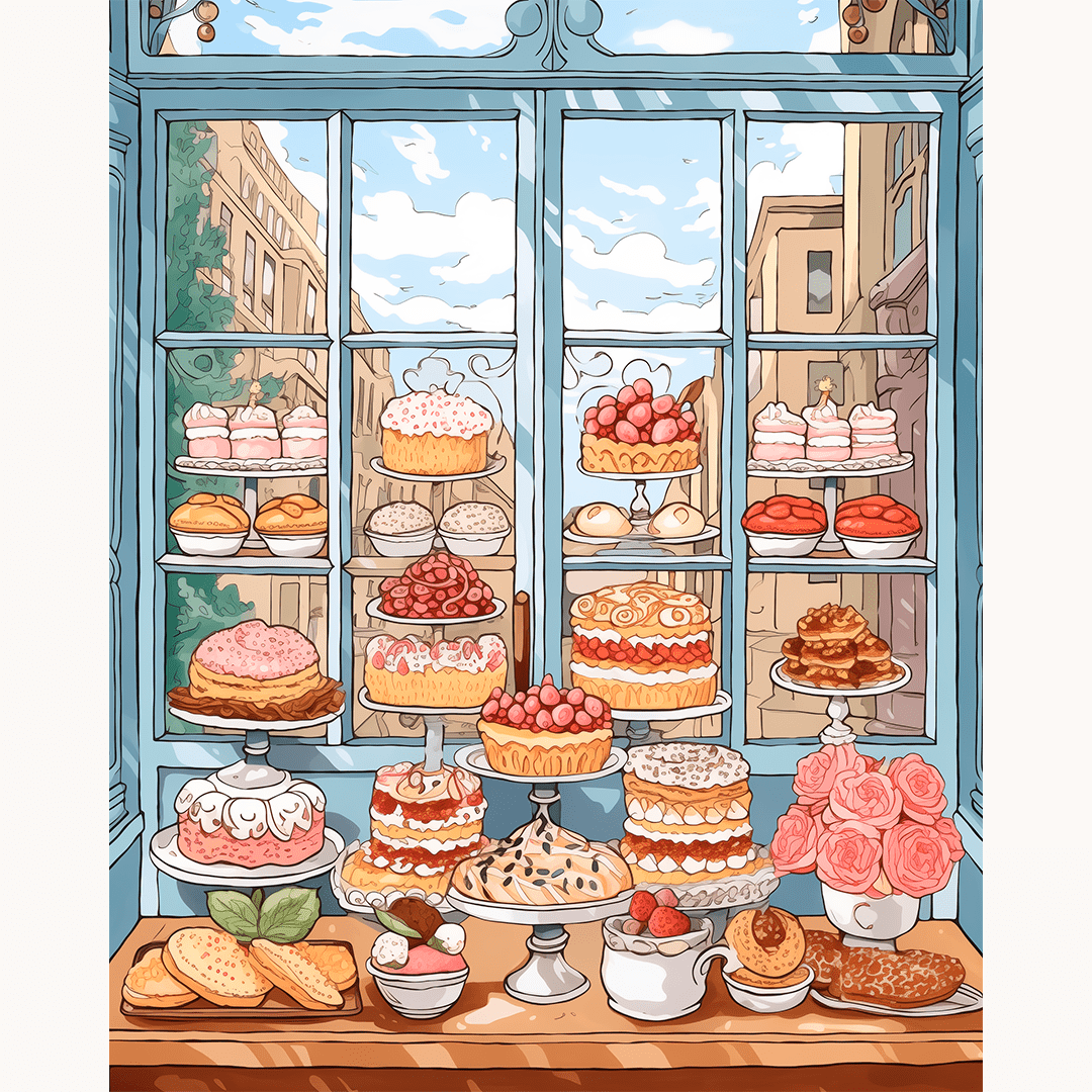 A window display showcasing an assortment of cakes and pastries, each with a unique design, displayed behind glass in a well-lit bakery setting, suggesting a variety of sweet treats for sale..