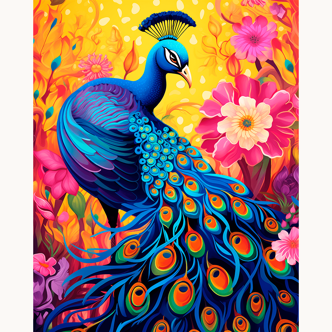 The image showcases a vibrant peacock, its feathers a riot of colors, including blues and greens, spread out as if in full display.