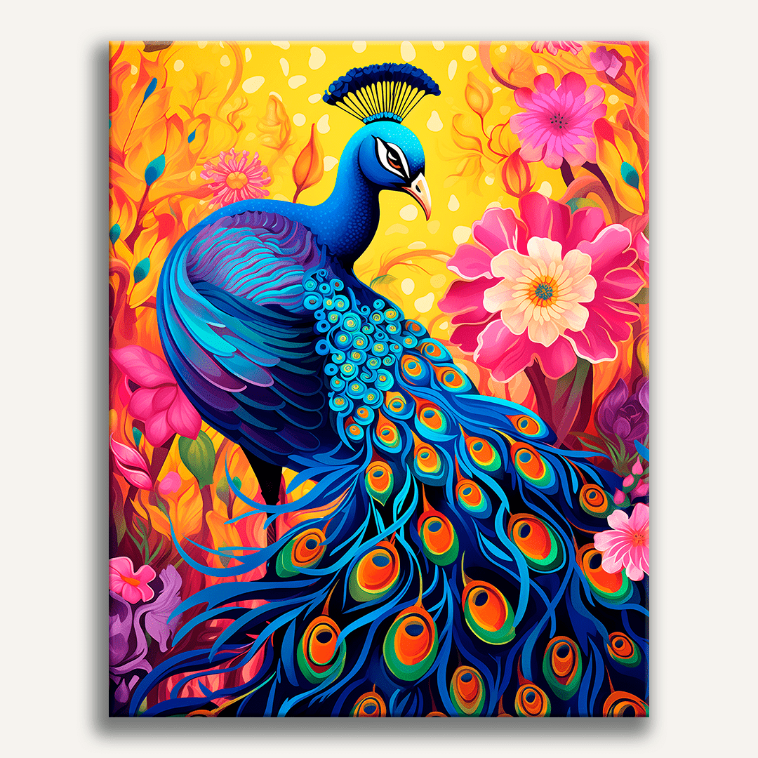 The image showcases a vibrant peacock, its feathers a riot of colors, including blues and greens, spread out as if in full display.
