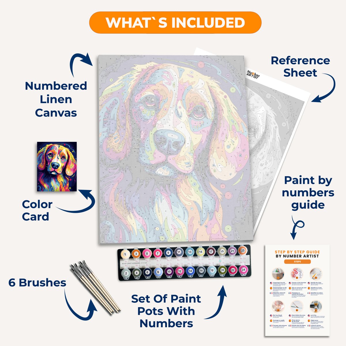 The image depicts a dog with a vibrant and multicolored coat, standing alert against a dark background speckled with small star-like patterns..