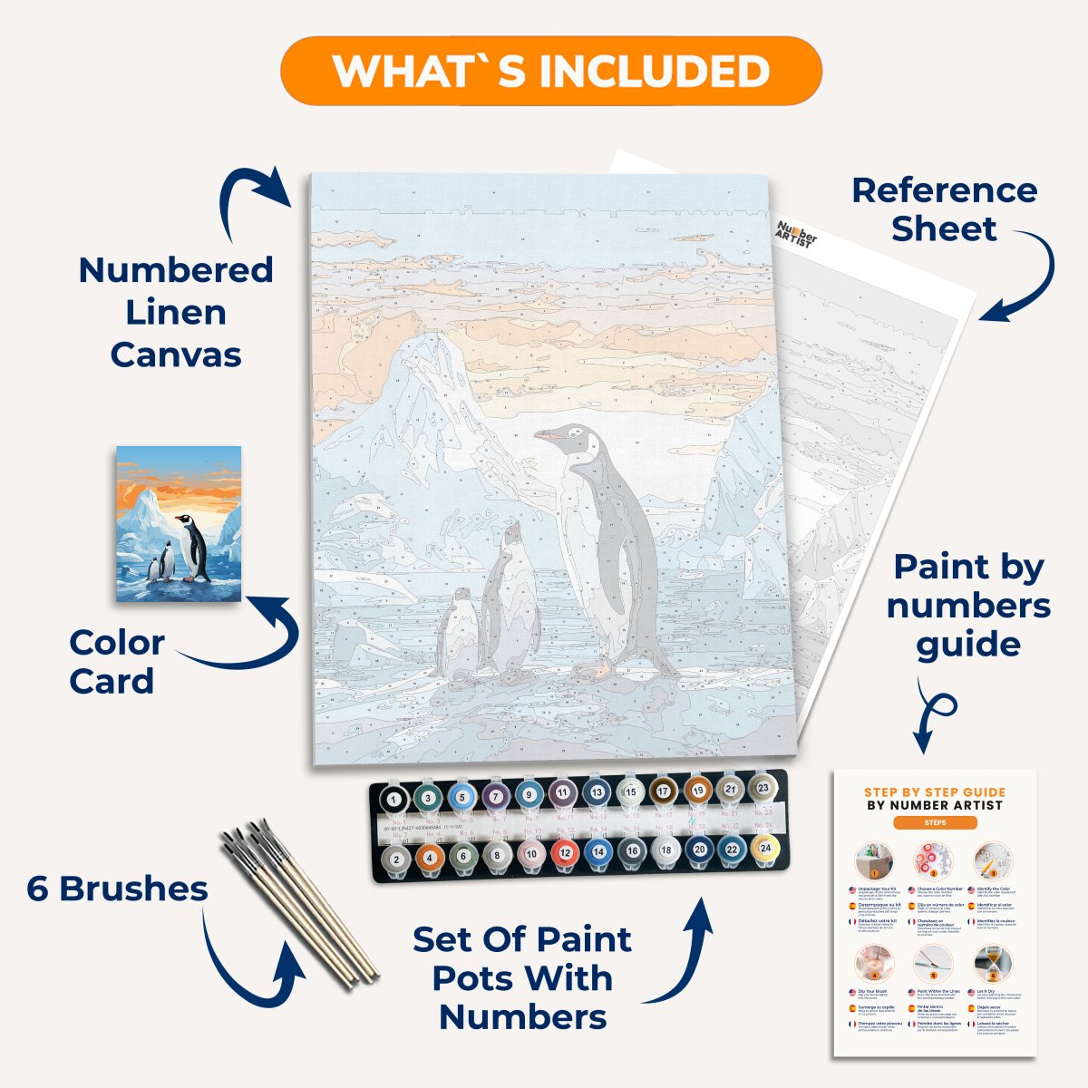 In the illustration, two penguins stand atop a frozen landscape, their black and white plumage contrasting sharply with the vibrant orange sky.