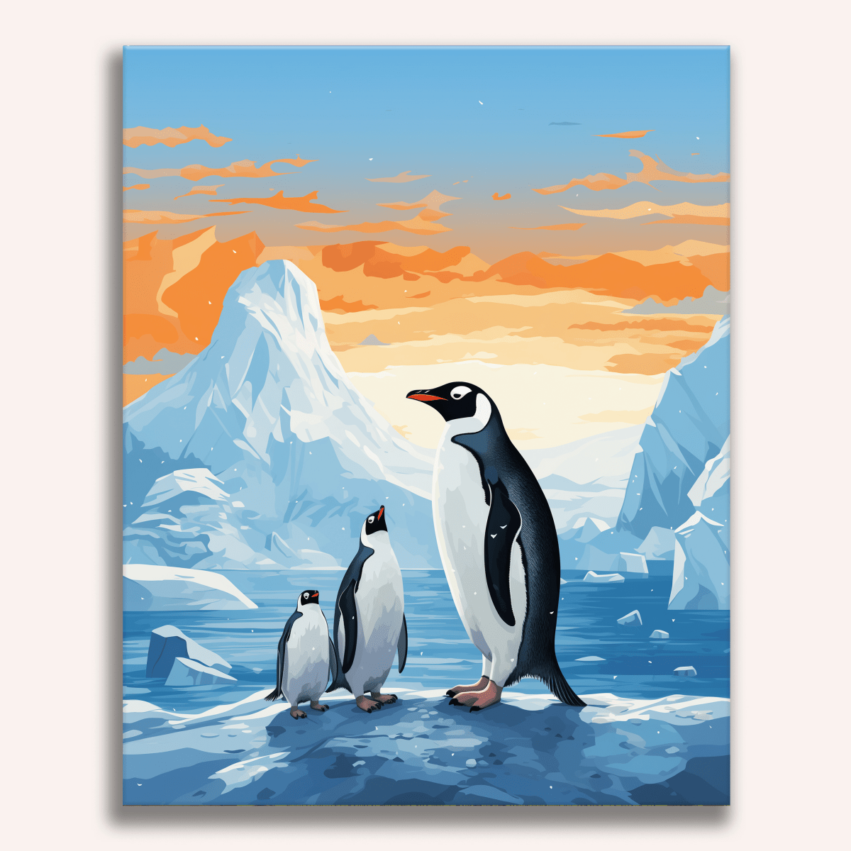 In the illustration, two penguins stand atop a frozen landscape, their black and white plumage contrasting sharply with the vibrant orange sky.