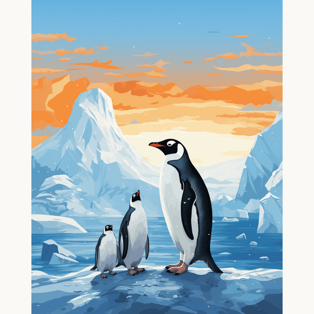 In the illustration, two penguins stand atop a frozen landscape, their black and white plumage contrasting sharply with the vibrant orange sky.
