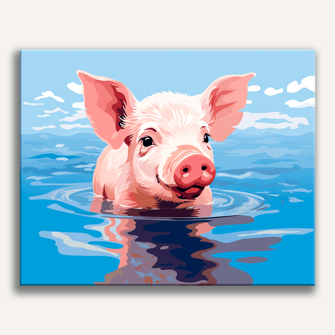 A pink pig is swimming peacefully in a large body of water under a clear sky..