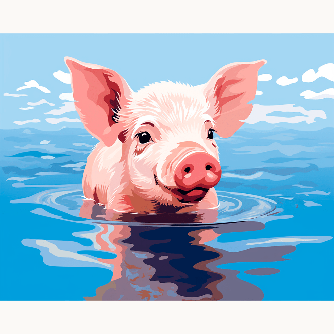 A pink pig is swimming peacefully in a large body of water under a clear sky..