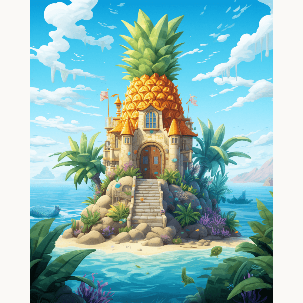 An illustrated scene depicts a whimsical pineapple-shaped house on an island surrounded by tropical flora and fauna..