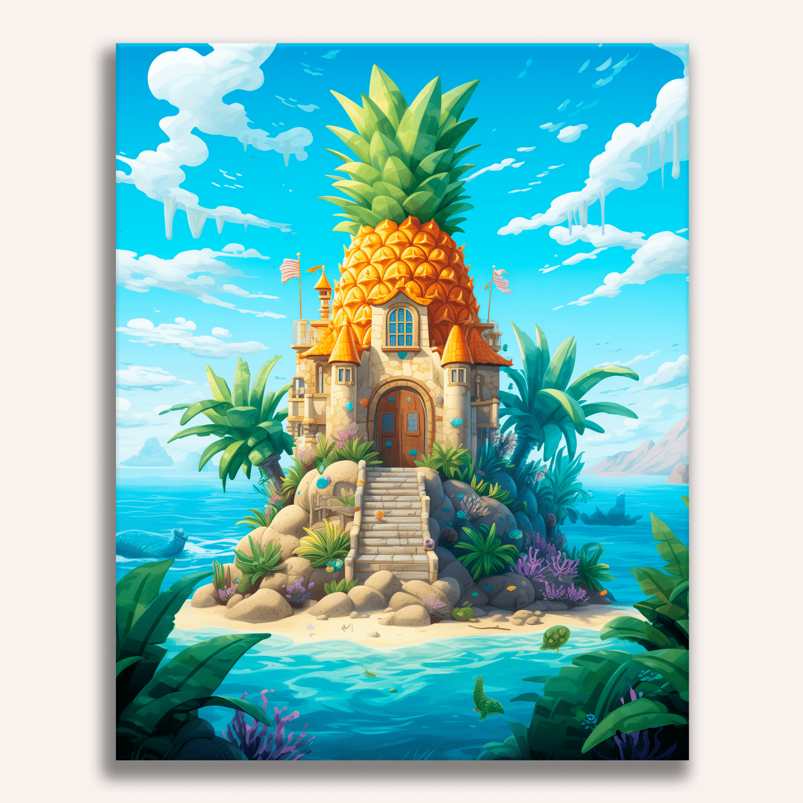 An illustrated scene depicts a whimsical pineapple-shaped house on an island surrounded by tropical flora and fauna..