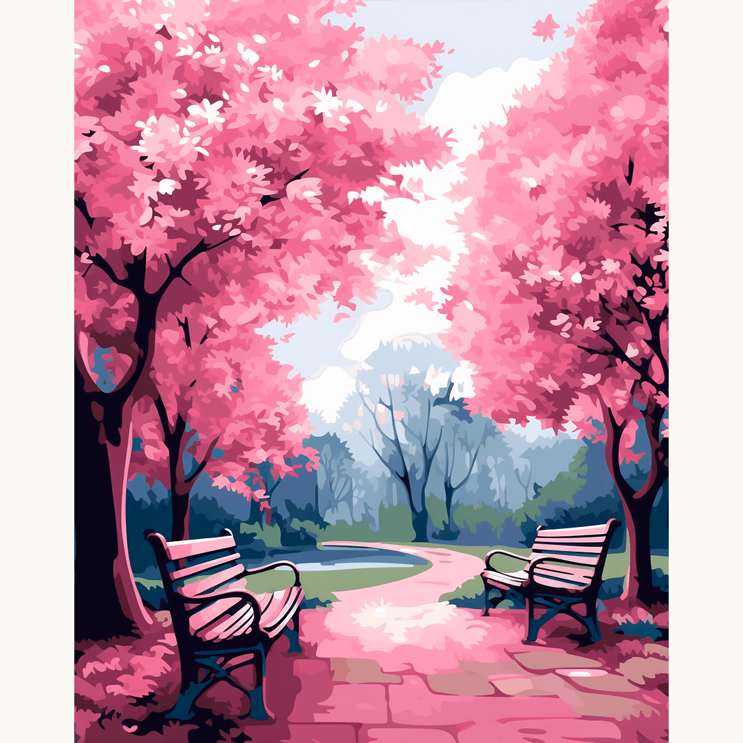 A tranquil park scene featuring two benches positioned near each other along a path lined with cherry blossom trees.