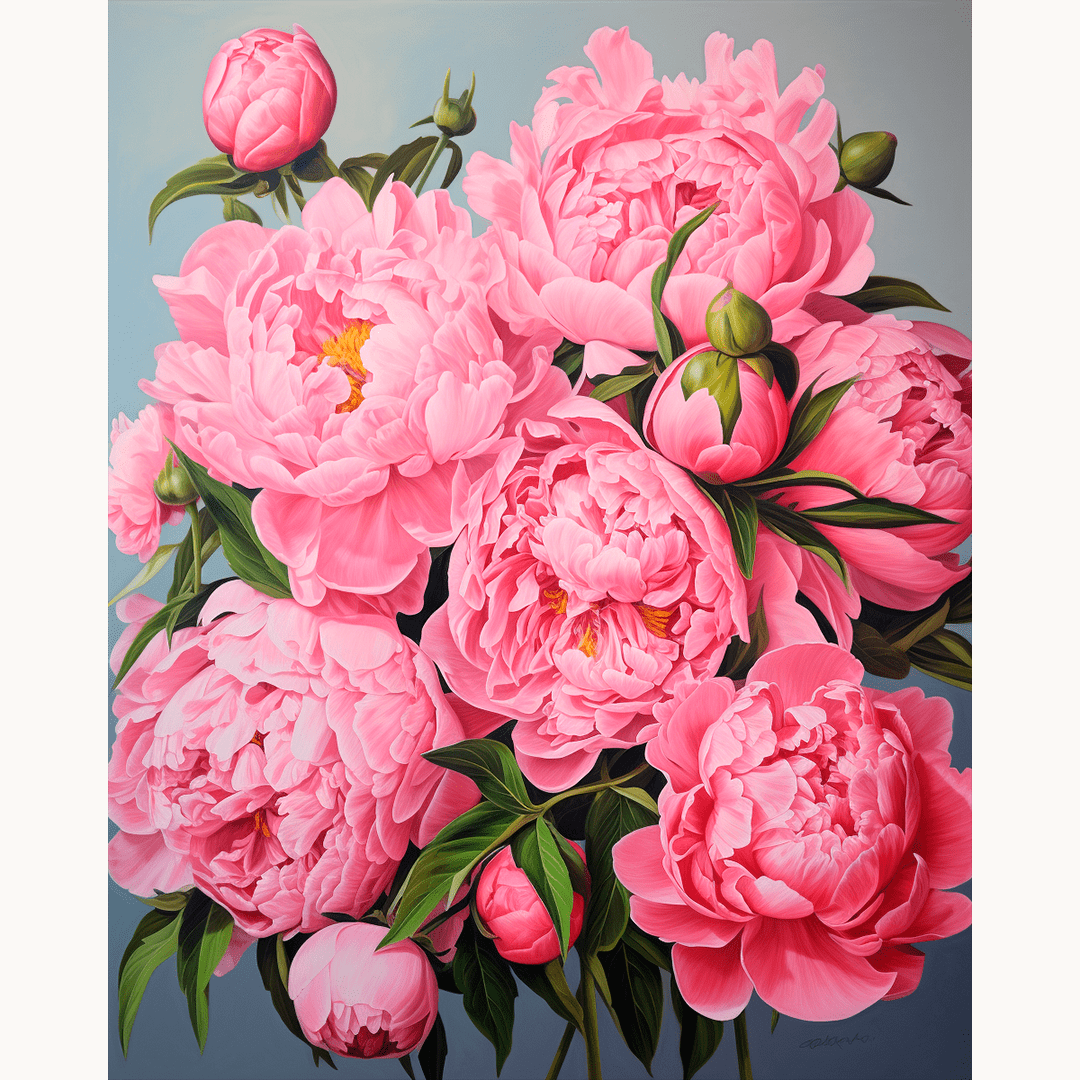 The image showcases a bouquet of large pink peonies.