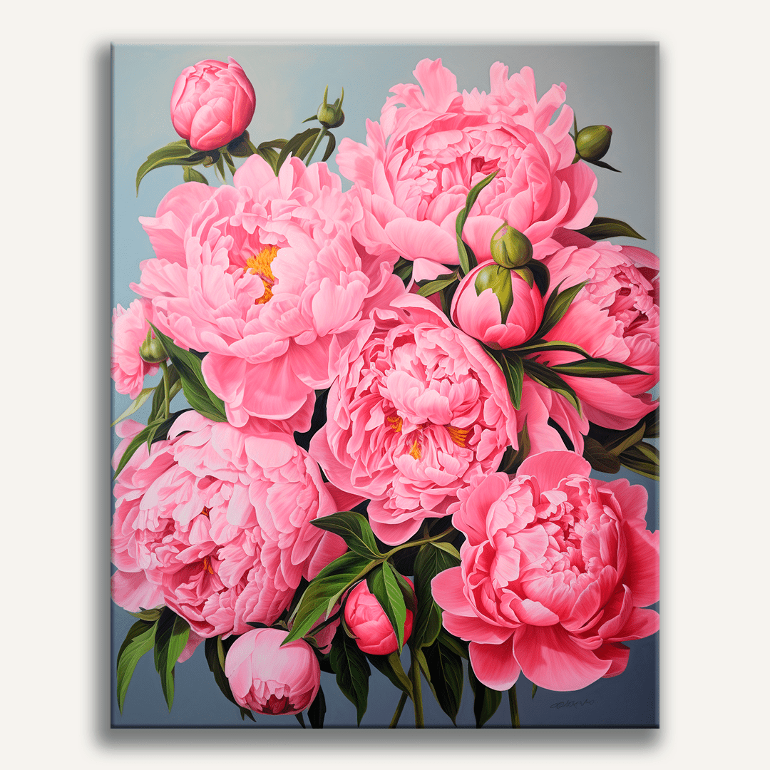 The image showcases a bouquet of large pink peonies.
