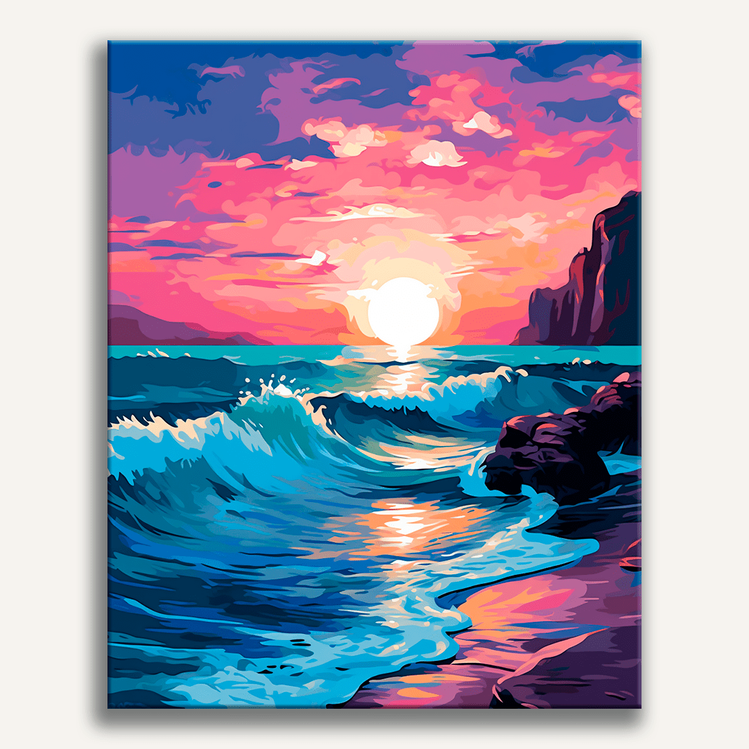 A tranquil scene at sunset features a vast ocean meeting a dark sky on the horizon, with waves rhythmically crashing onto a shore.