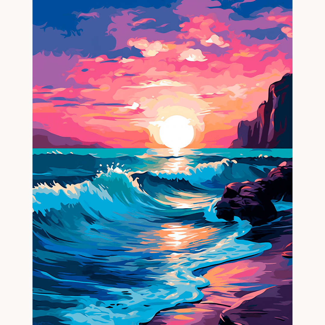 A tranquil scene at sunset features a vast ocean meeting a dark sky on the horizon, with waves rhythmically crashing onto a shore.