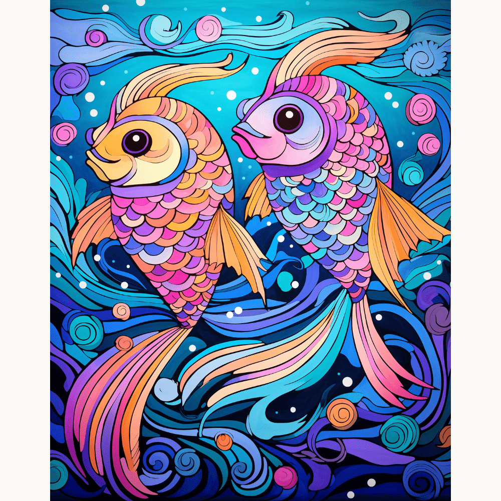 The image showcases a beautifully crafted pair of koi fish swimming amidst a vibrant underwater landscape.