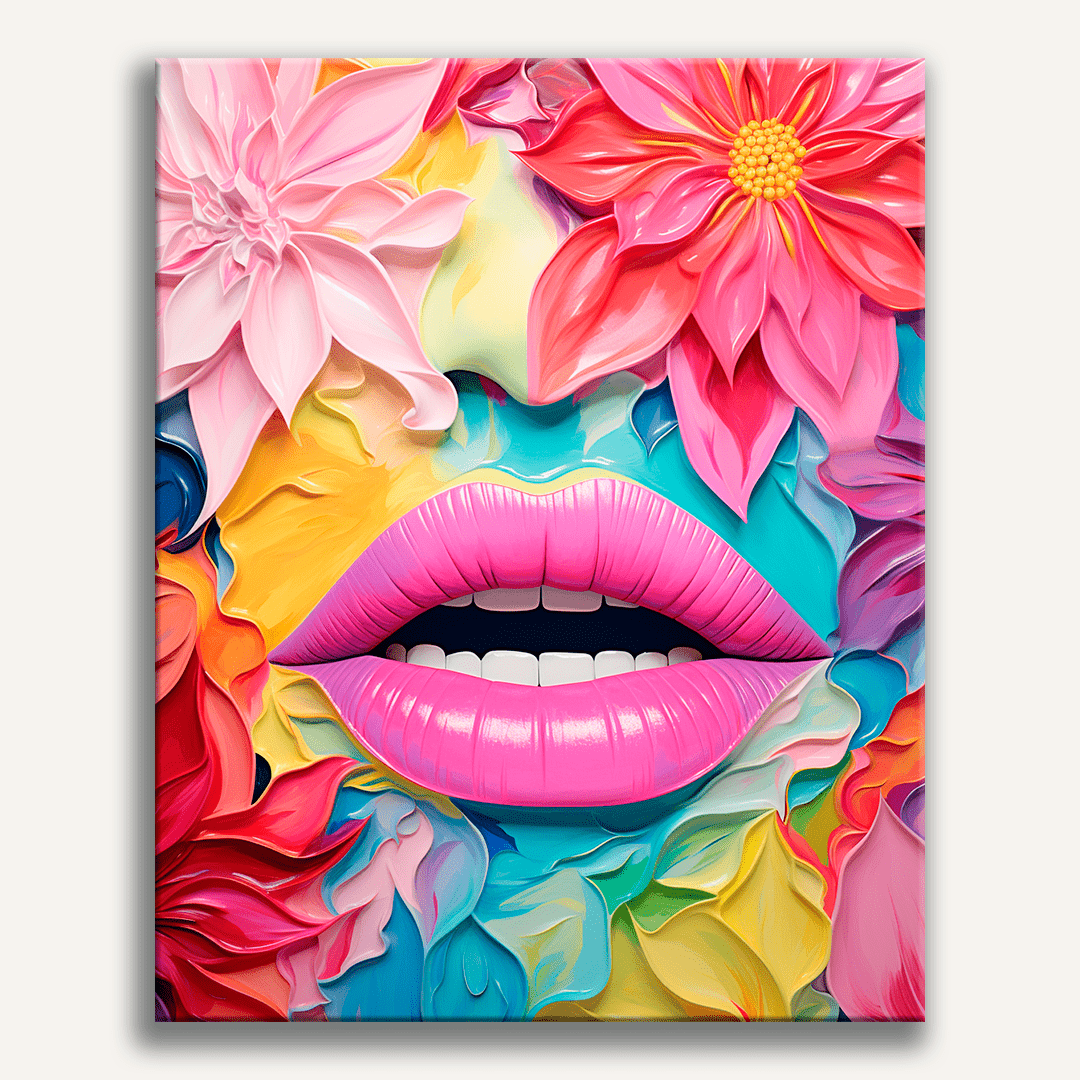 The image presents a vibrant and colorful portrait of a woman with exaggerated features.
