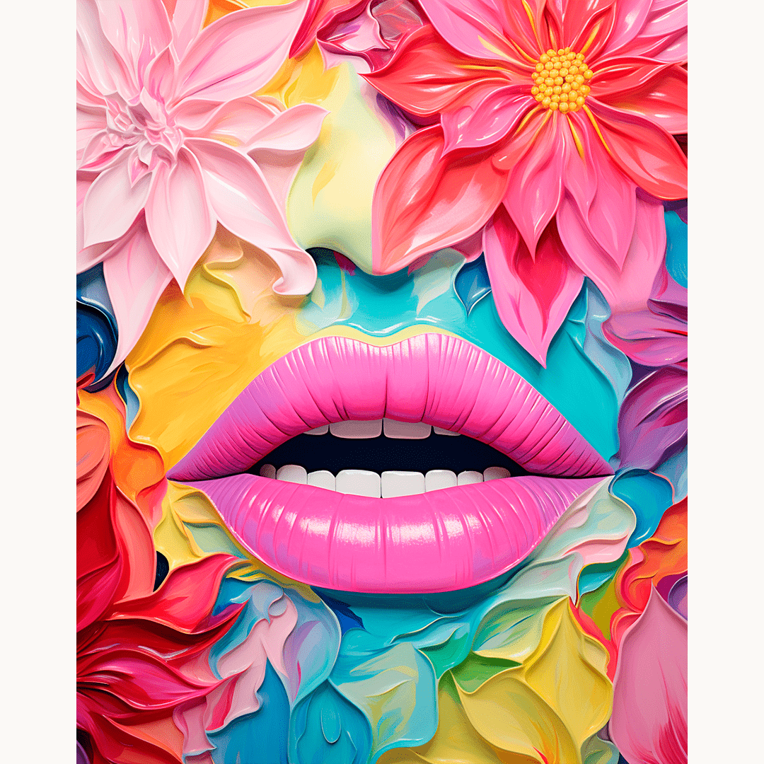 The image presents a vibrant and colorful portrait of a woman with exaggerated features.