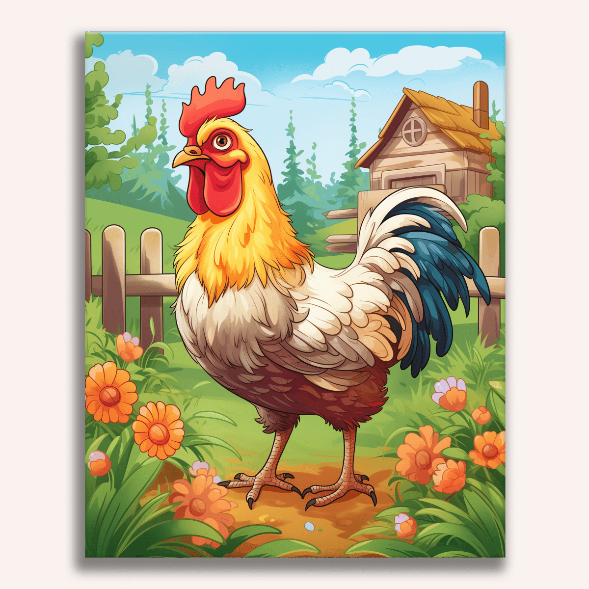 The image depicts a cartoon rooster standing on a dirt ground amidst a rural setting.