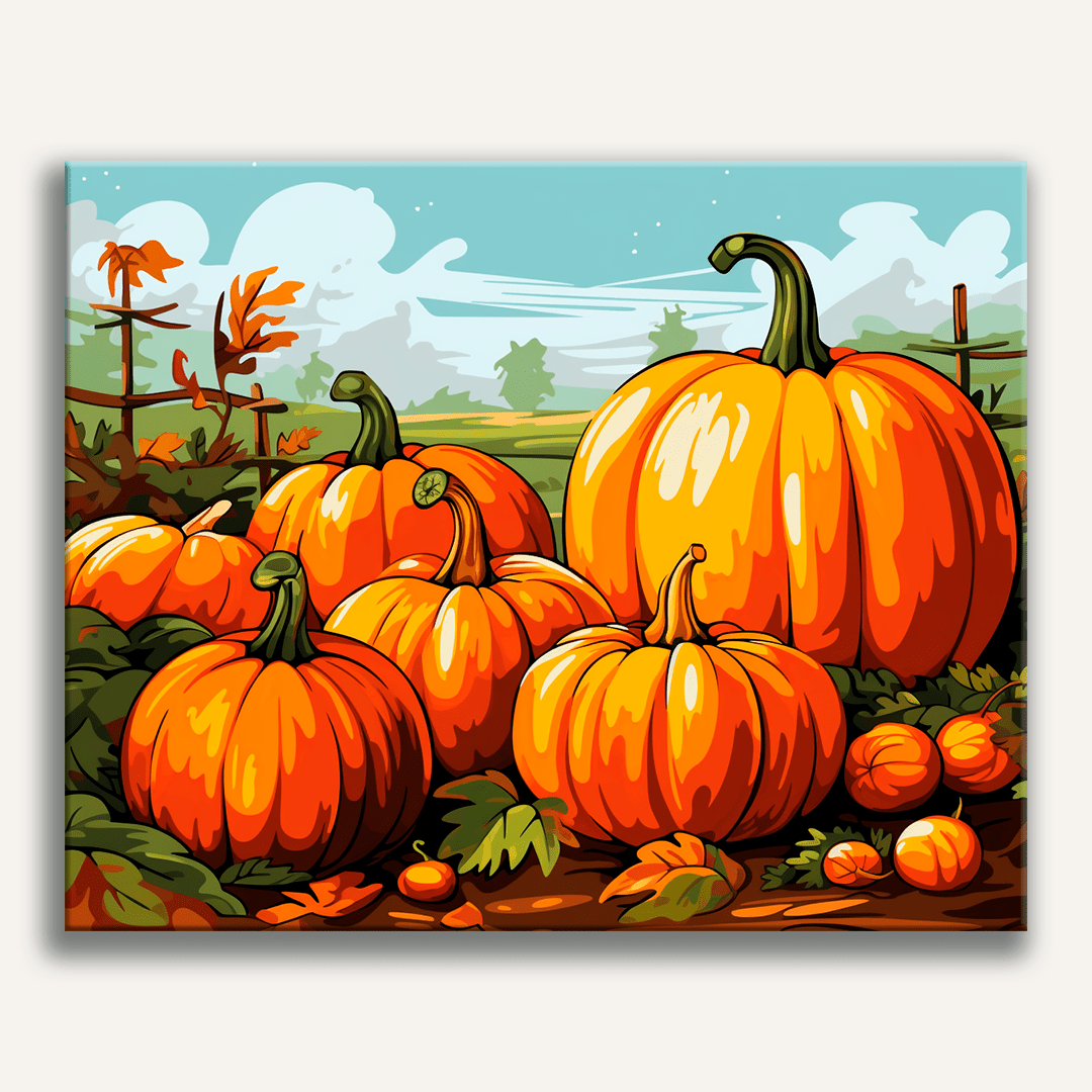 The image portrays a harvest scene focused on pumpkins.