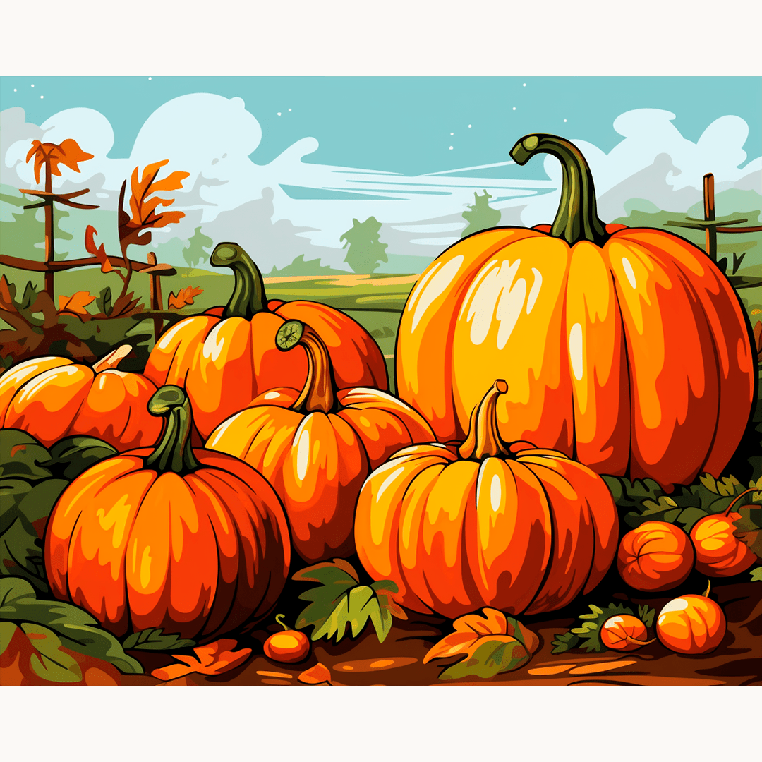 The image portrays a harvest scene focused on pumpkins.