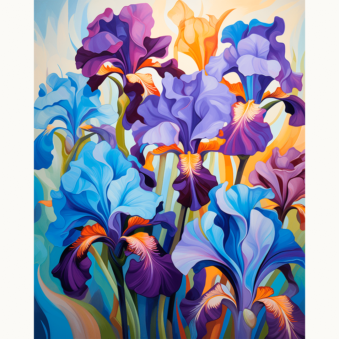 This image depicts a vibrant collection of irises, their colors ranging from deep blues to soft purples and vivid oranges.