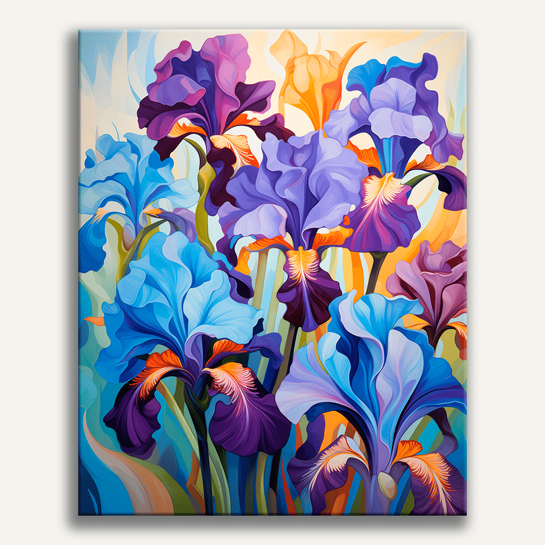 This image depicts a vibrant collection of irises, their colors ranging from deep blues to soft purples and vivid oranges.
