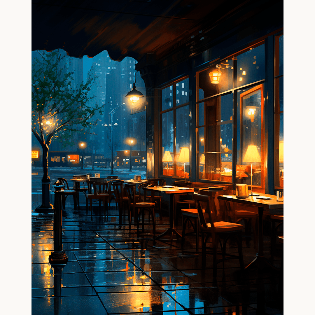 The image depicts a cozy outdoor dining area at night.
