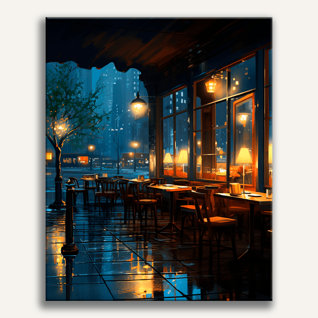 The image depicts a cozy outdoor dining area at night.