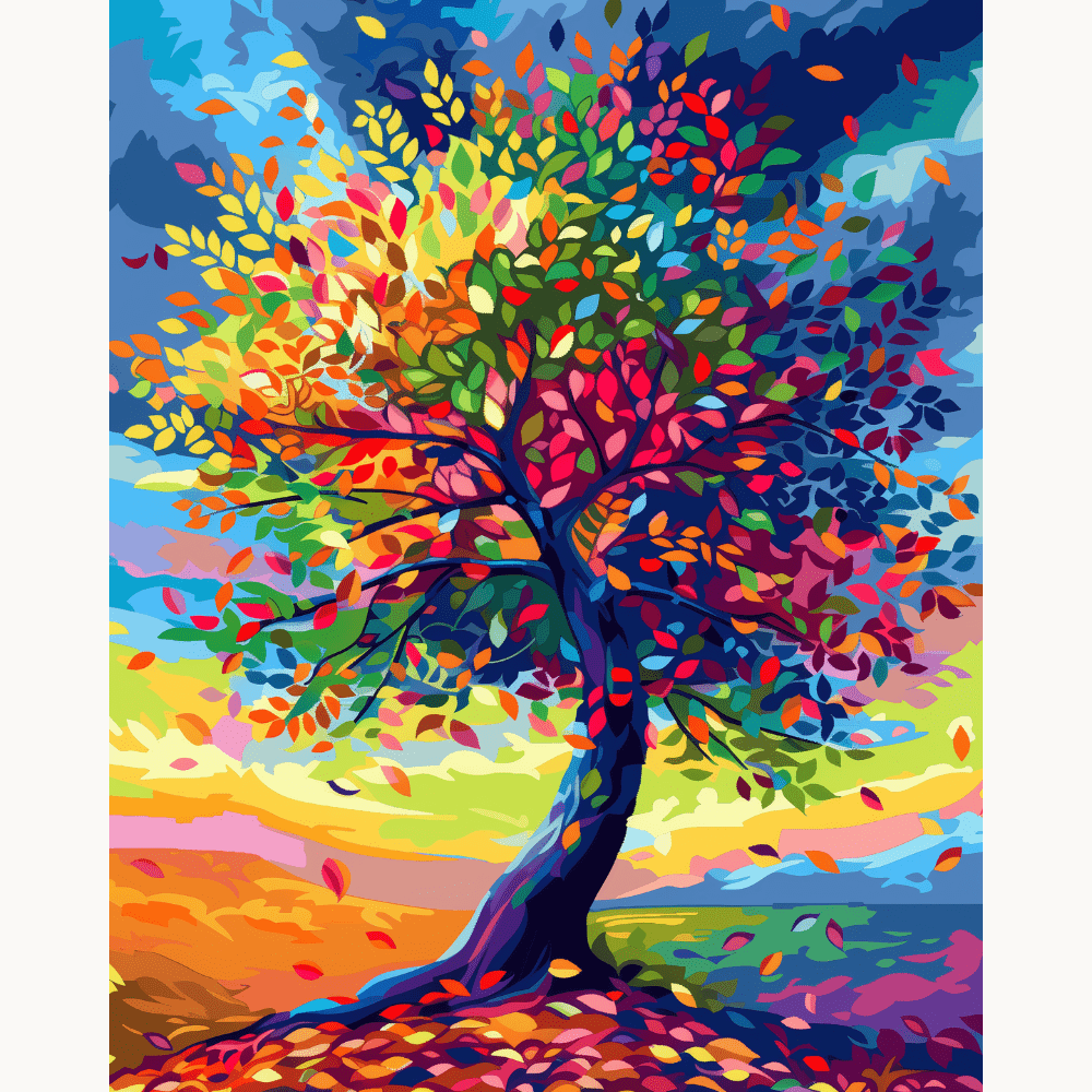 A colorful and vibrant illustration depicts a tree with a canopy of bright leaves against a backdrop that transitions from daylight at the top to dusk at the bottom.