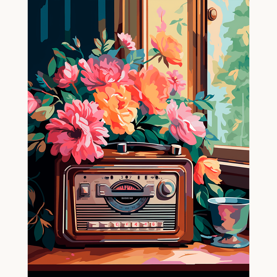 The image showcases a vintage radio positioned on a windowsill.