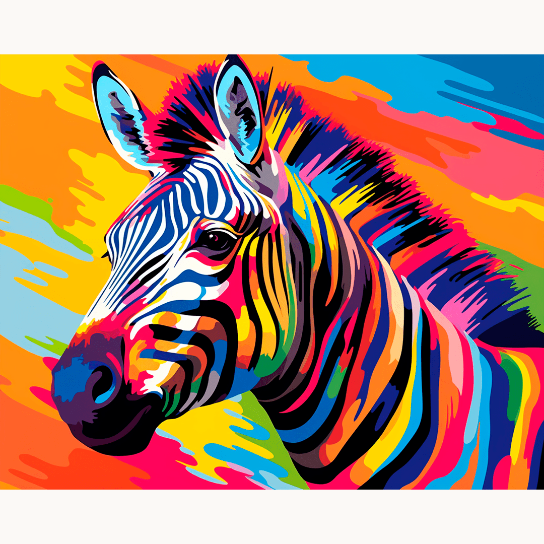 The image features a vividly colored zebra standing against a gradient backdrop.