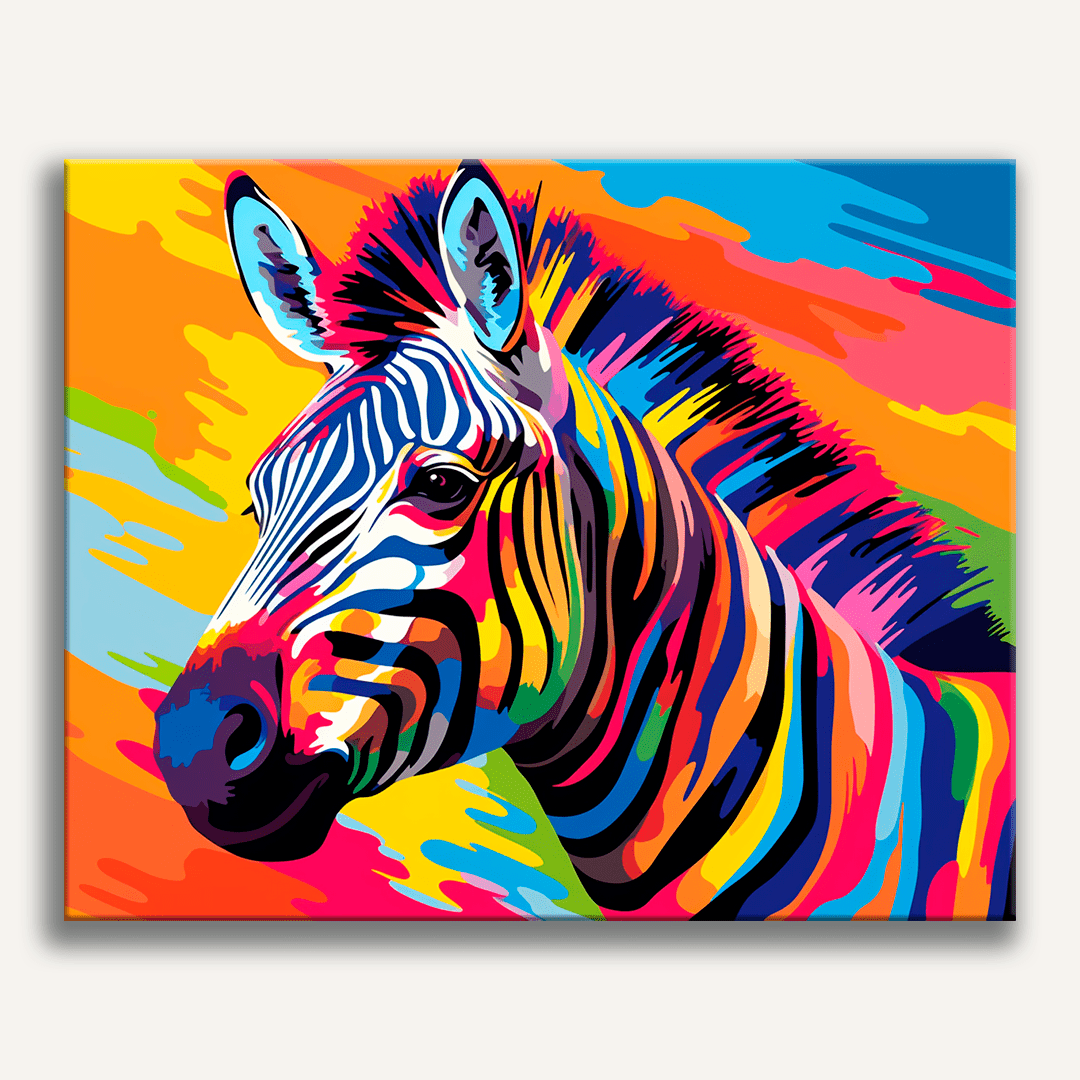 The image features a vividly colored zebra standing against a gradient backdrop.