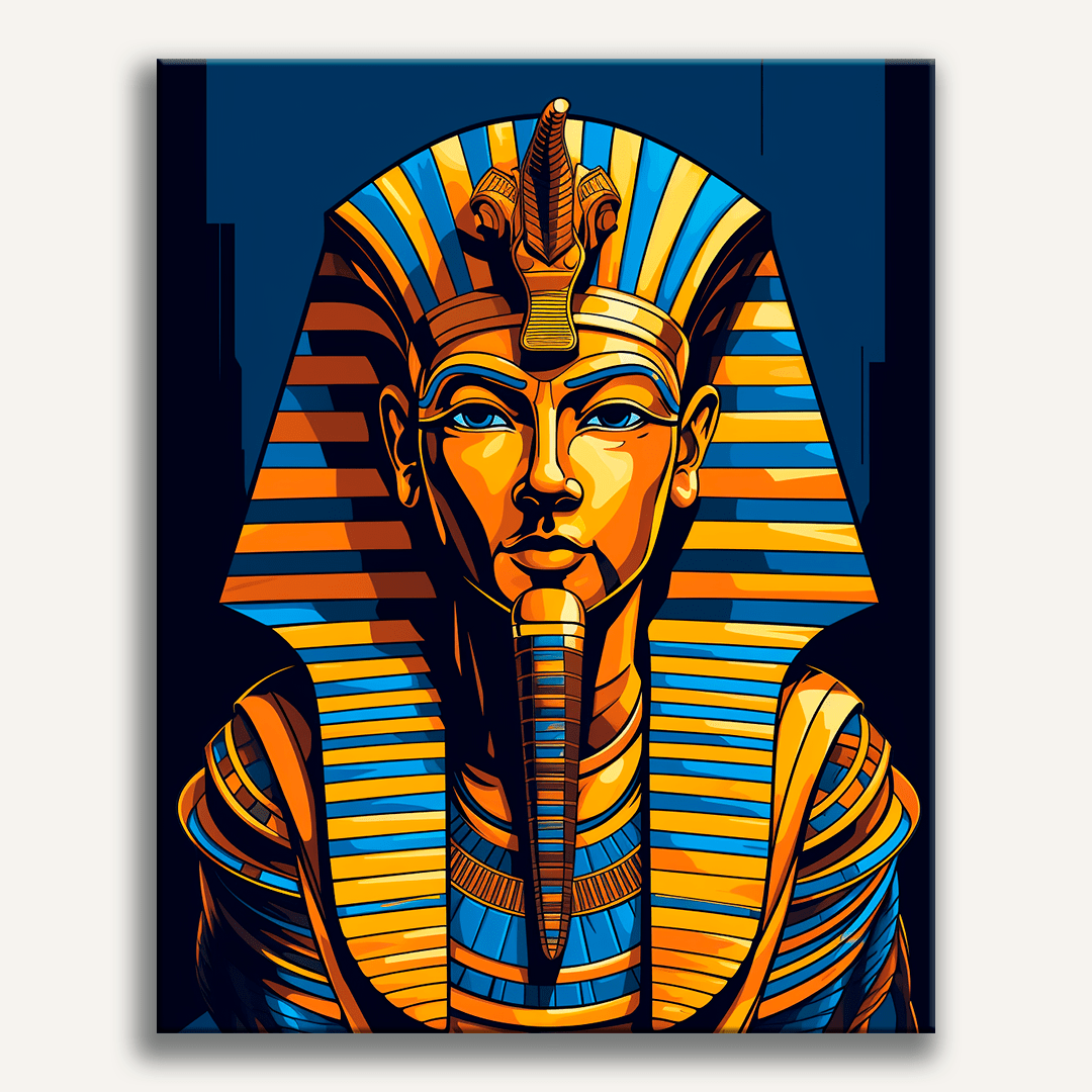The image features a striking depiction of an ancient Egyptian pharaoh's mask.