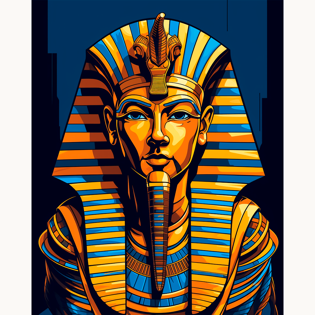 The image features a striking depiction of an ancient Egyptian pharaoh's mask.