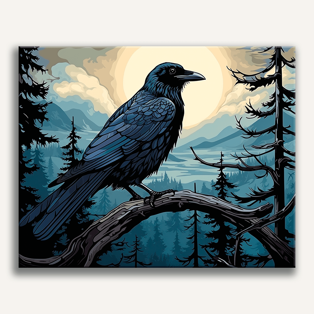 The image features a stylized illustration of a raven perched on a branch of a tree.