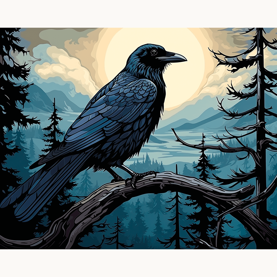 The image features a stylized illustration of a raven perched on a branch of a tree.