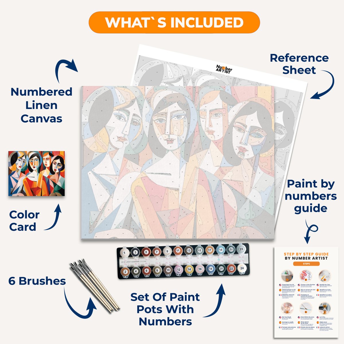 This image displays a vibrant and modern art piece featuring three stylized female figures against a simple background.