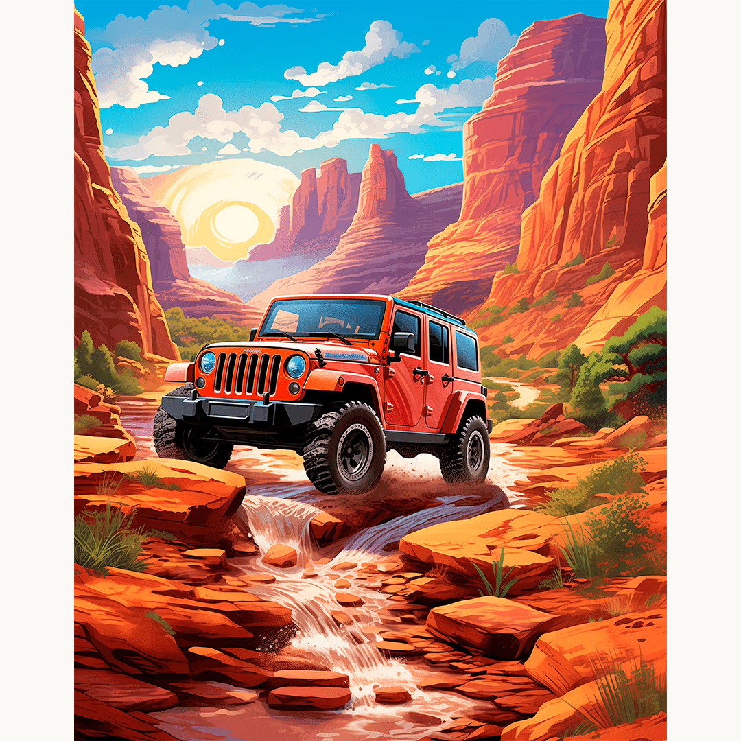The image features a vibrant landscape dominated by red rock formations and desert vegetation.
