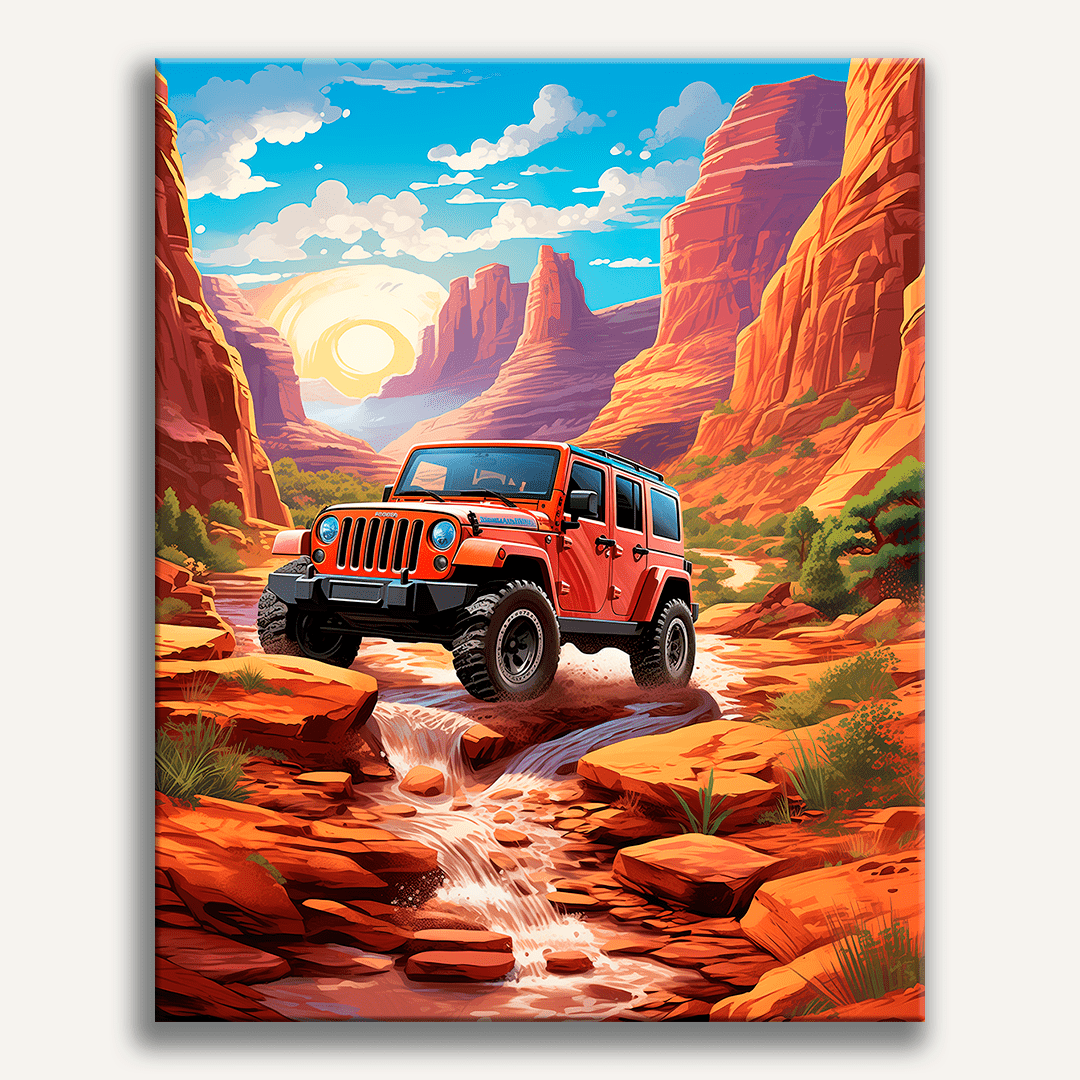The image features a vibrant landscape dominated by red rock formations and desert vegetation.