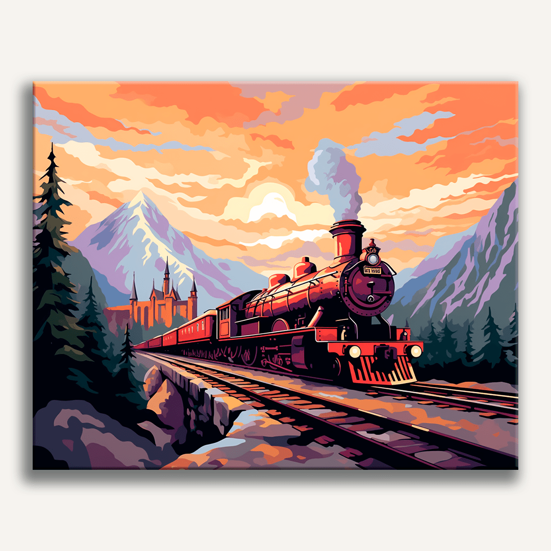 A vibrant illustration depicts a steam locomotive traveling down tracks, set against a backdrop of a picturesque mountainous landscape under a dramatic sky..