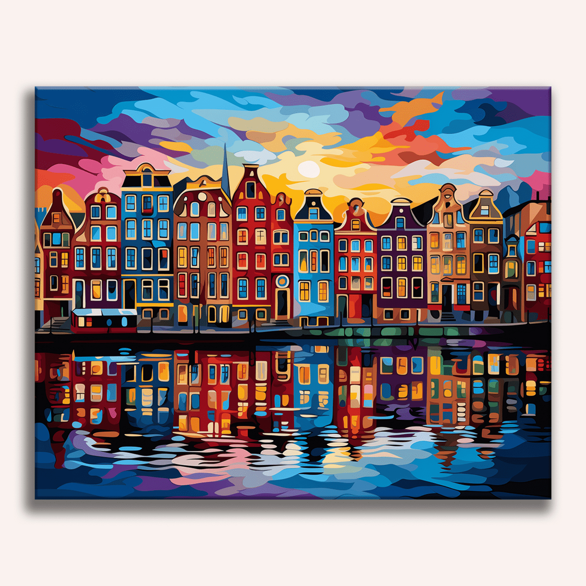 A vibrant and colorful stylized cityscape painting depicting a European canal town, likely Amsterdam, at dusk.
