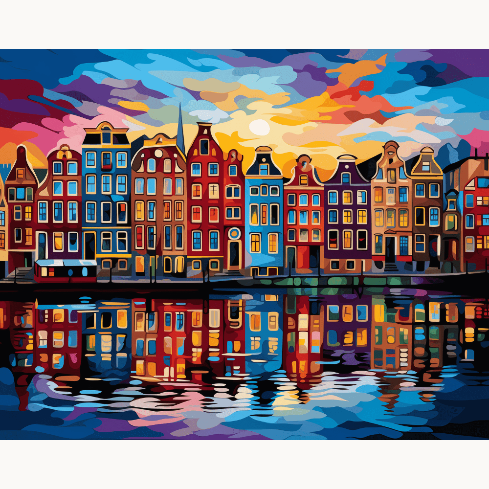 A vibrant and colorful stylized cityscape painting depicting a European canal town, likely Amsterdam, at dusk.